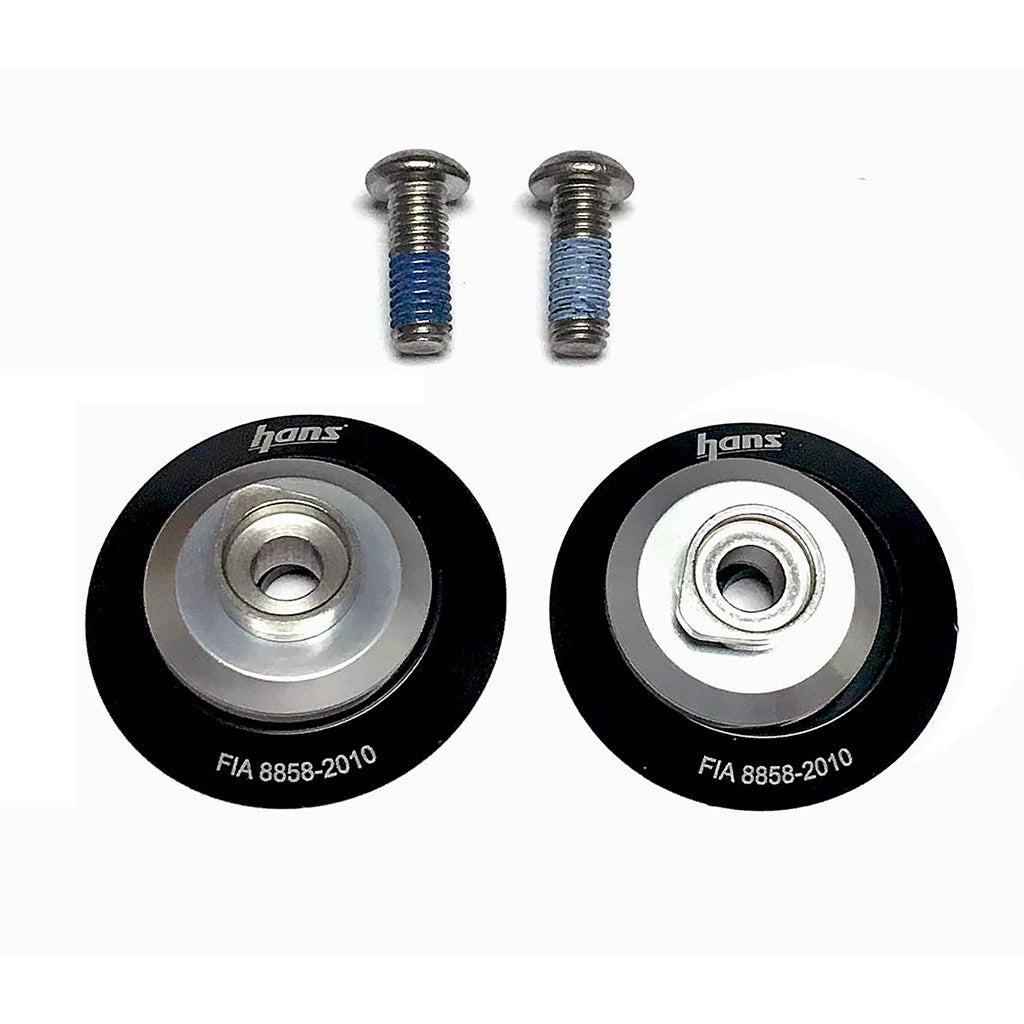 Close-up view of black HANS post anchors with tether attachment points