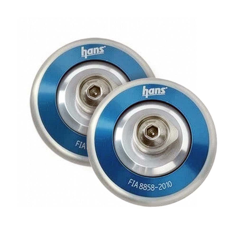 Close-up of blue HANS post anchors for racing helmet tether attachment