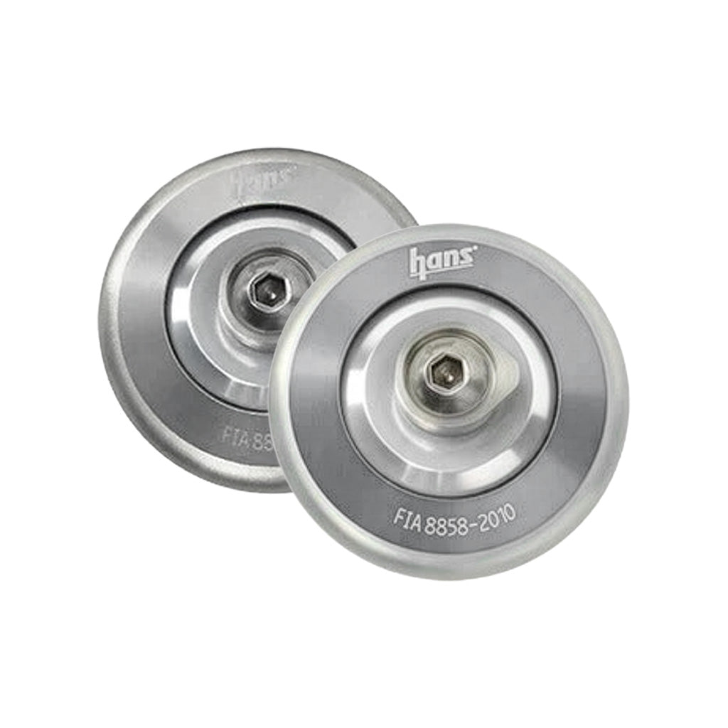 Silver HANS post anchors with tether clips for head and neck restraint