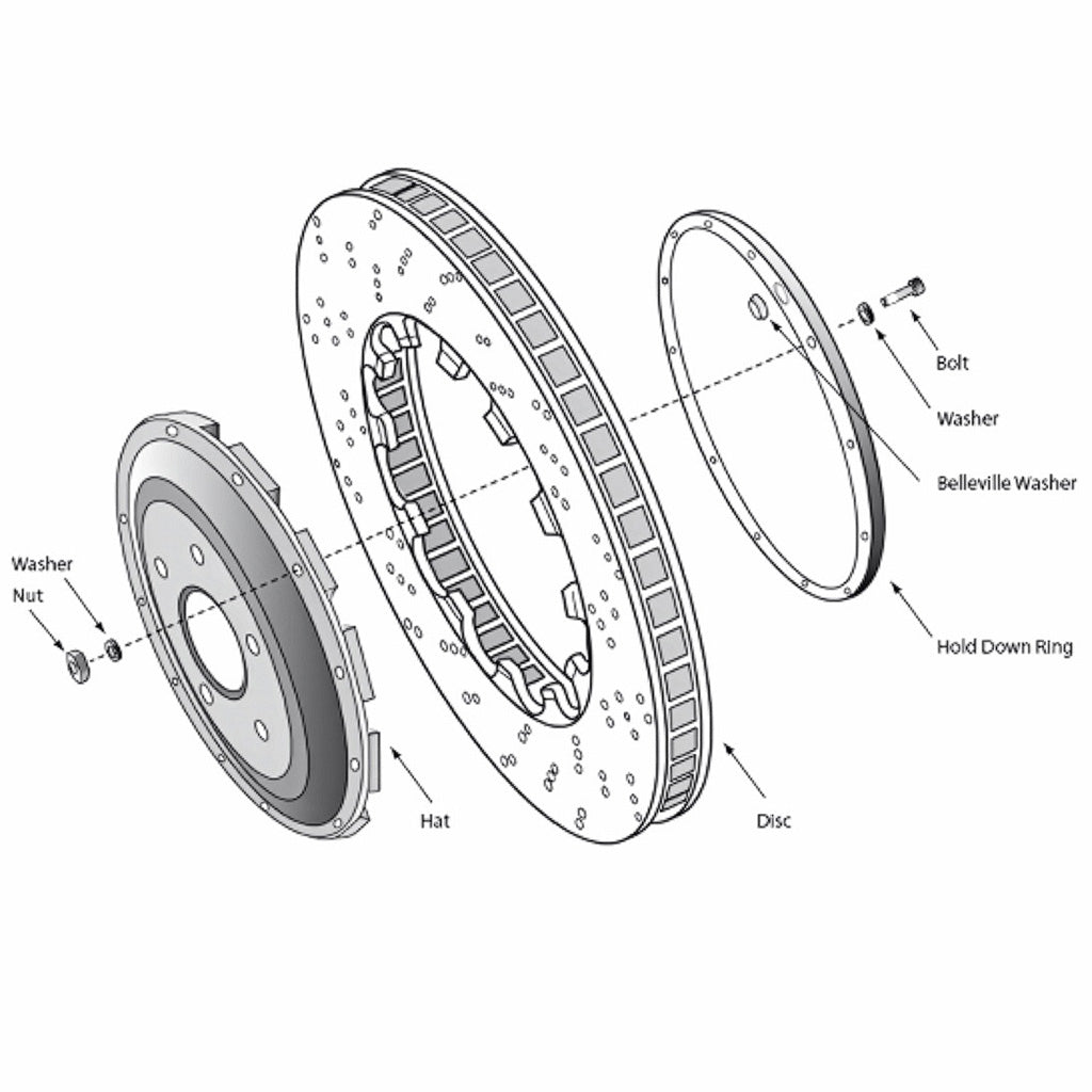 Technical diagram of a two-piece floating brake rotor assembly with labeled parts on a white background