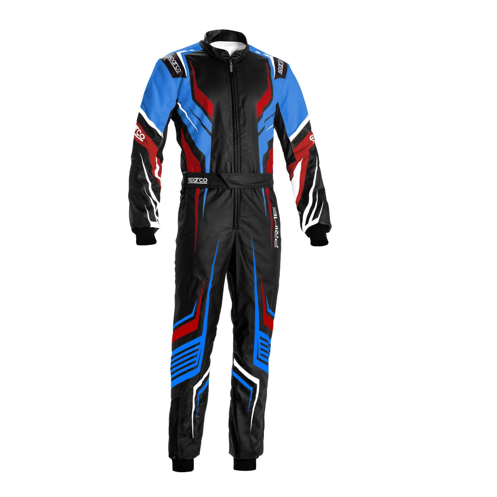 Black racing suit with blue and red accents on a white background
