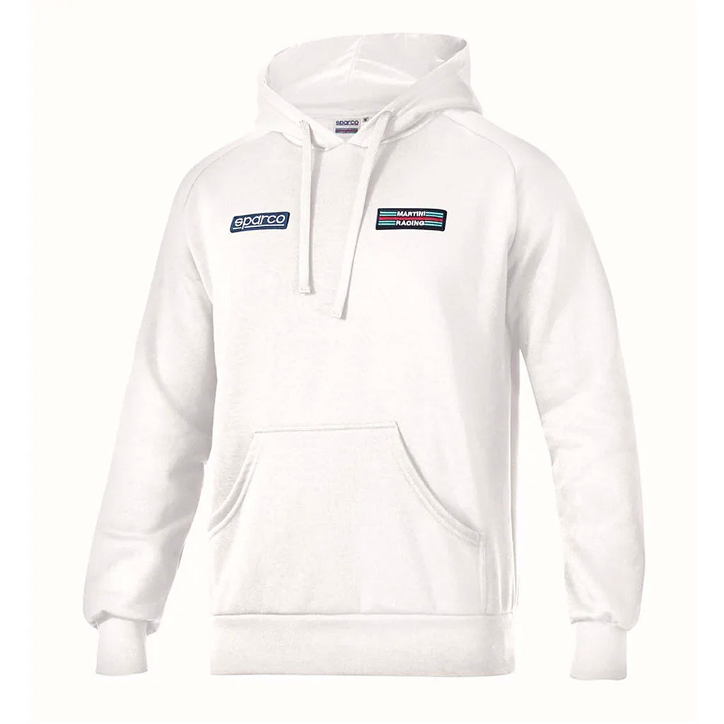 White hoodie with visible branding on a white background