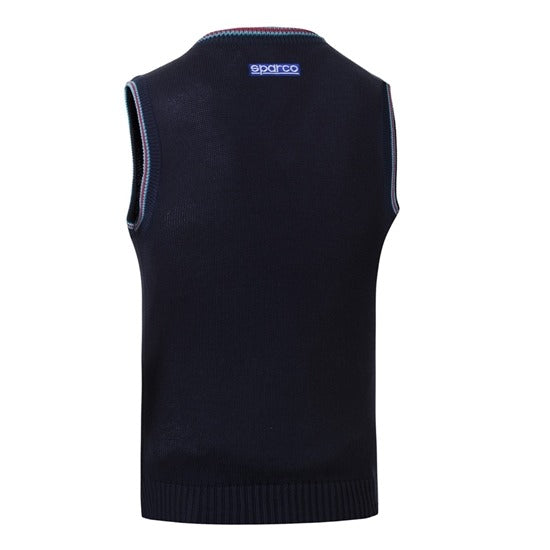 Sparco Martini Knitted Vest rear view, navy cotton with embroidered Sparco logo at the neck and tri-stripe collar and armhole accents, white background