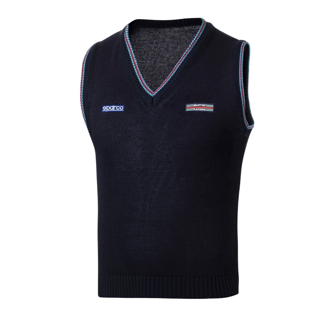 Sparco Martini Knitted Vest front view, navy cotton with embroidered Sparco logo on left chest and Martini Racing logo on right, white background