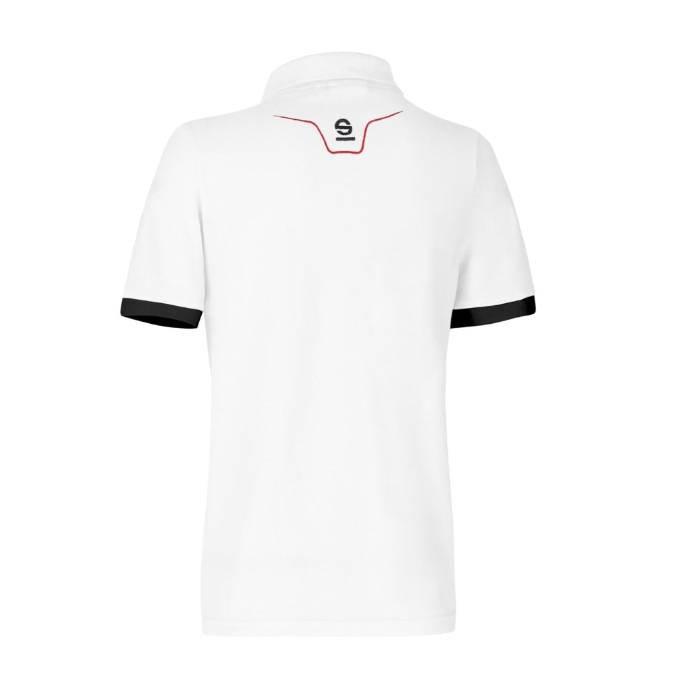 Back view of Sparco Martini Lady Polo in white with red neckline stitching and black sleeve trim -image