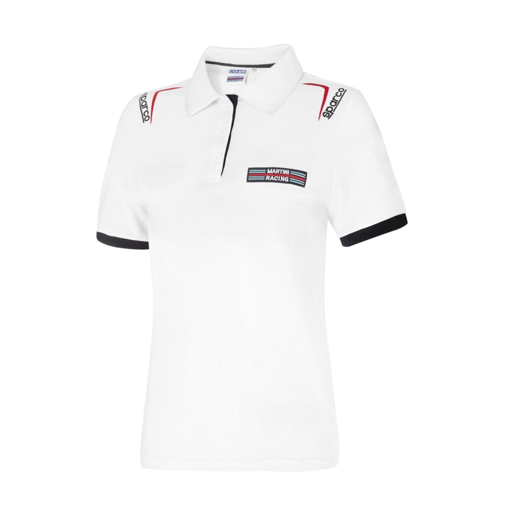 Front view of Sparco Martini Lady Polo in white with Martini Racing chest patch, Sparco logos on shoulders, and black sleeve trim -image
