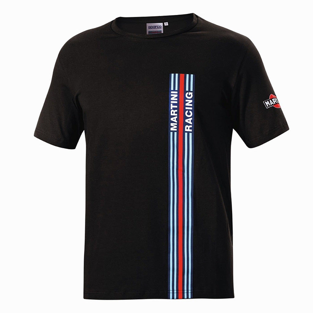 Black t-shirt with Martini Racing logo and stripes on a white background