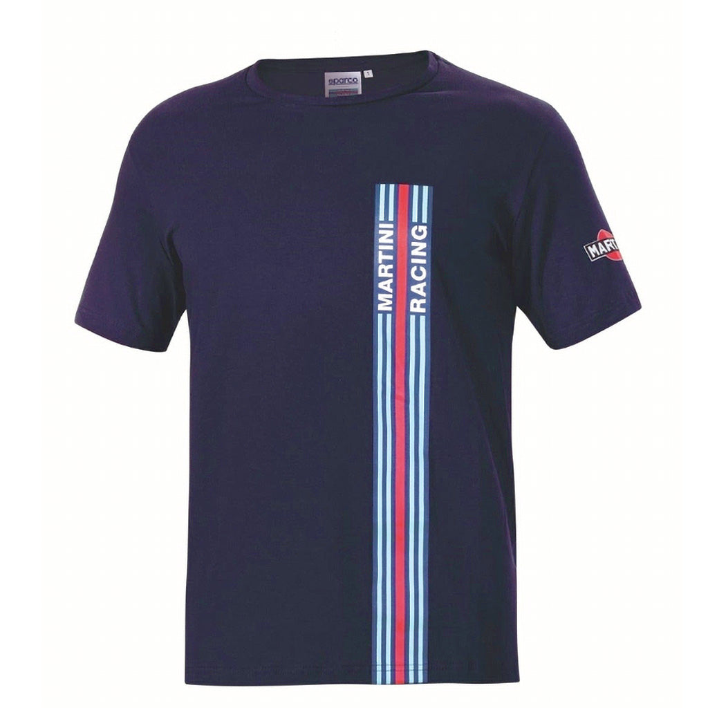 Navy blue t-shirt with Martini Racing logo and stripes on a white background