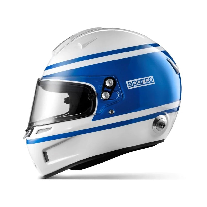 Excellent air flow and quiet interior are the Sparco RF-5W in white with blue stripes.