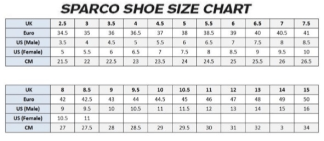 Sparco X-Light+ Racing Shoes Size Chart Image