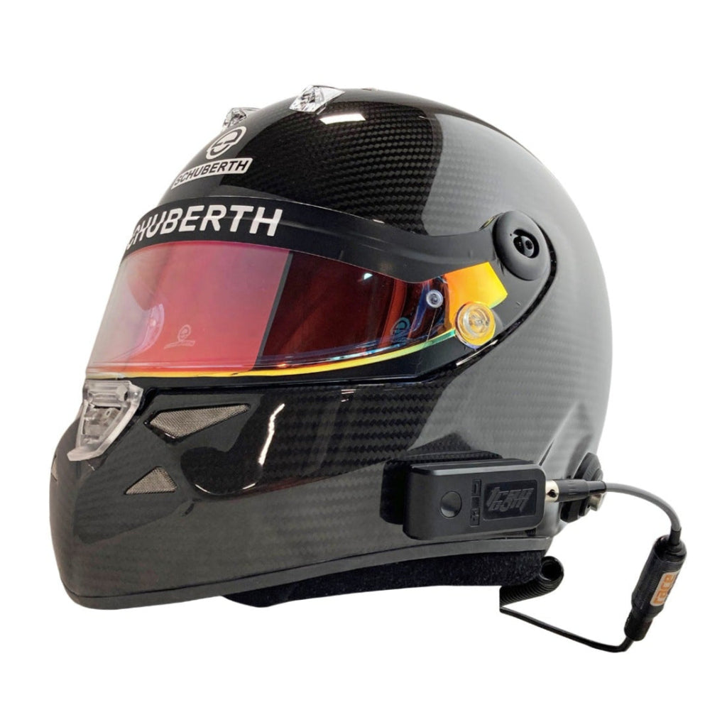 Trac Com Chaser Bluetooth lead-follow system installed on a Schuberth carbon fiber helmet