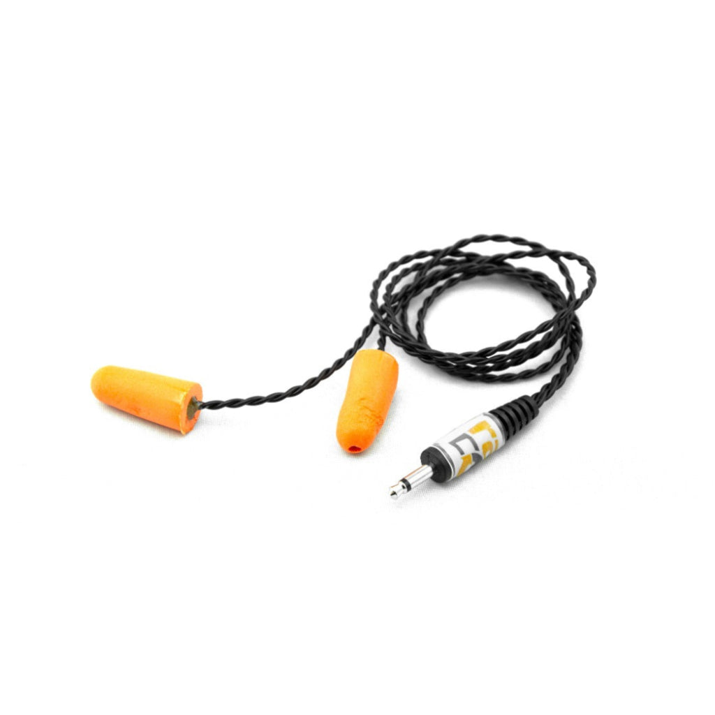 A pair of orange foam earbuds with a black coiled cable and a 3.5 mm audio connector.