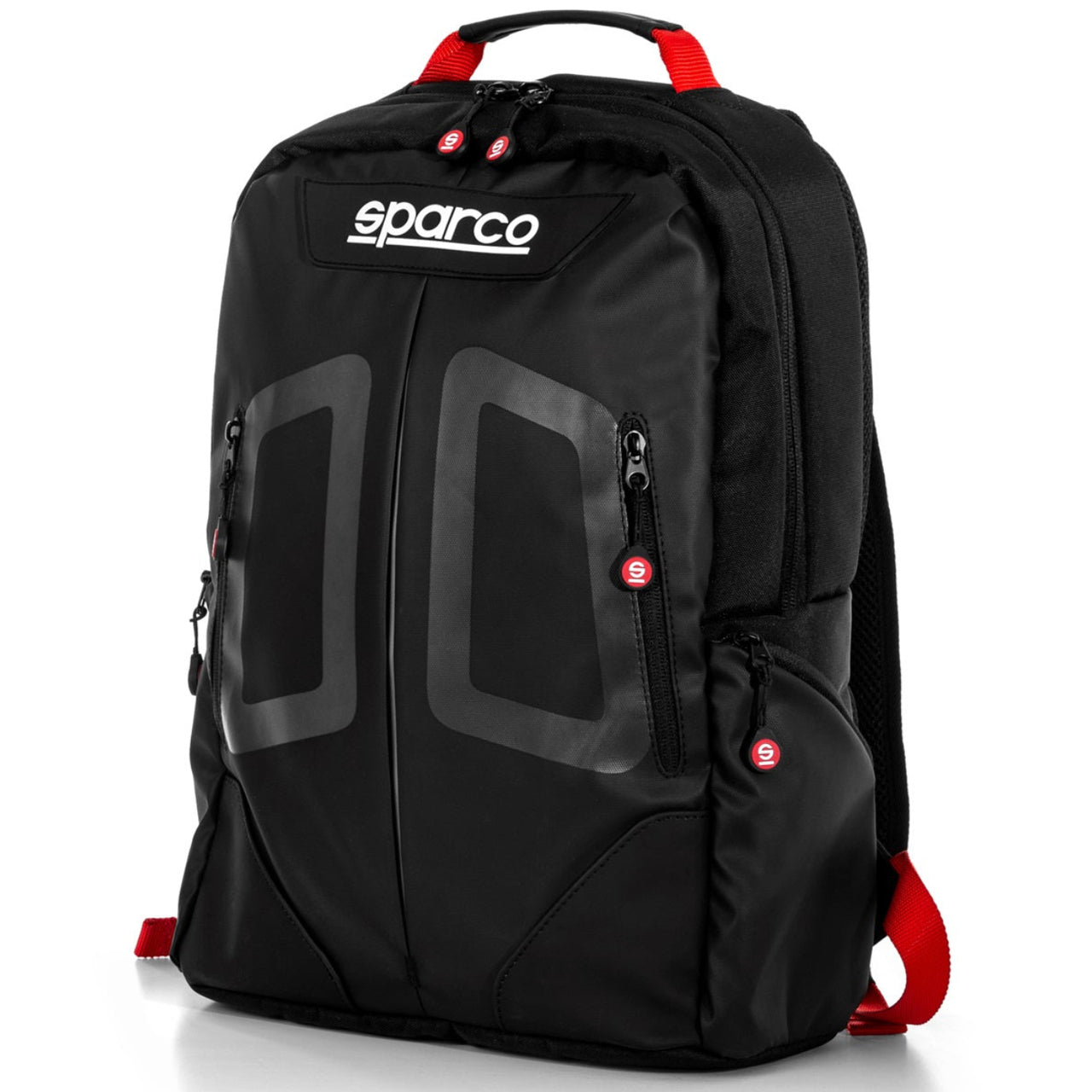 Sparco Stage Backpack black red front view with ergonomic straps and Sparco logo
