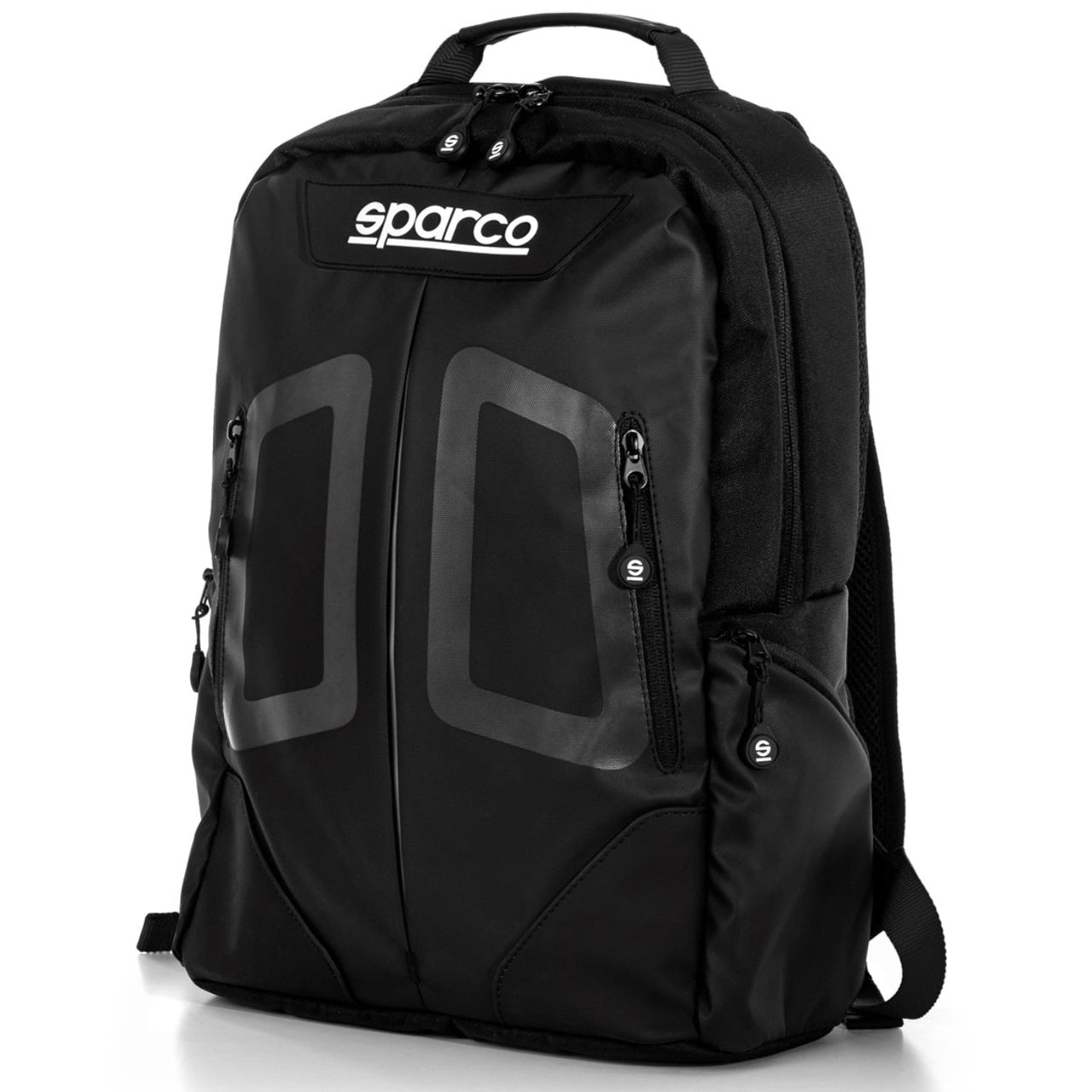 Sparco Stage Backpack black black front view with padded laptop storage and organized pockets