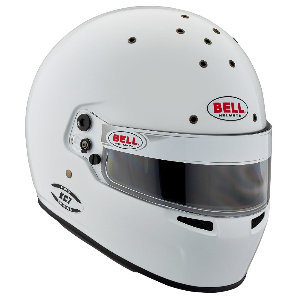 White racing helmet with clear visor and Bell logo on a white background