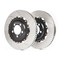 Thumbnail for Girodisc two-piece slotted front iron rotor assembly with black aluminum hat; manufacturer stock photograph.