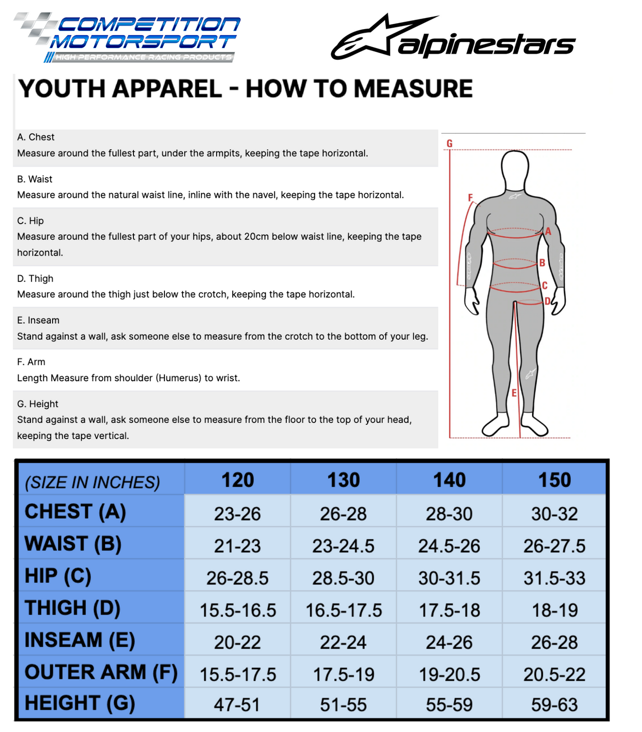 Alpinestars KMX-9 v2 Kart Racing Suit Youth Size Chart Image