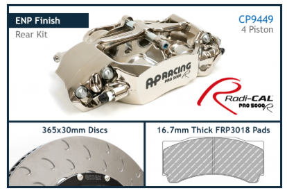 AP Racing brake system with Radi-Cal branding, featuring a 4 piston rear kit, 365x30mm discs, and 16.7mm thick FRP3018 pads.