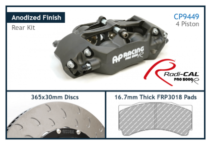 AP Racing brake caliper with Radi-Cal branding, showing anodized finish and key specifications.