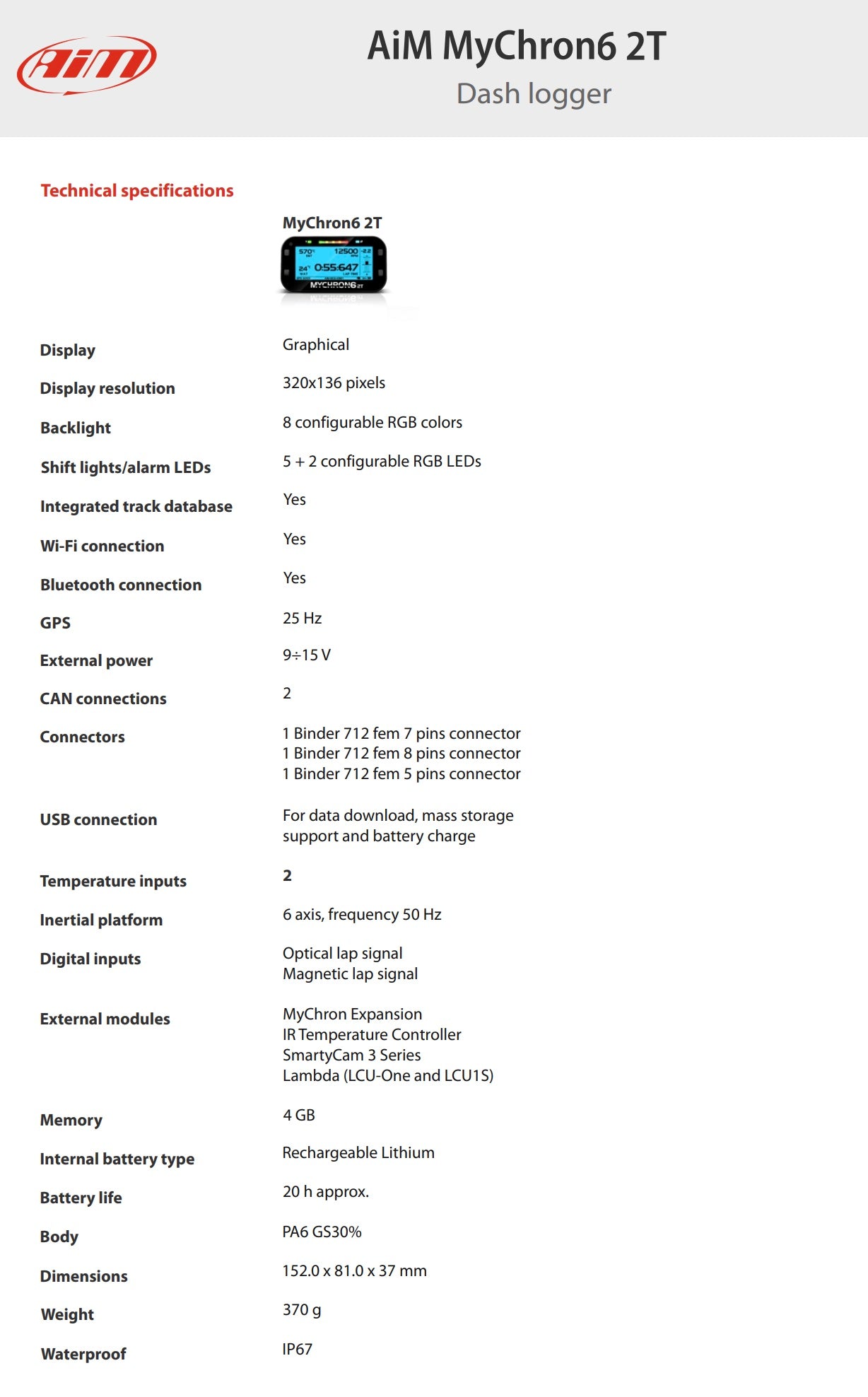 AiM-Mychron-6-2T-Data-Logger-Kart-Racing-Dash-Technical-Specifications-Layout-Image