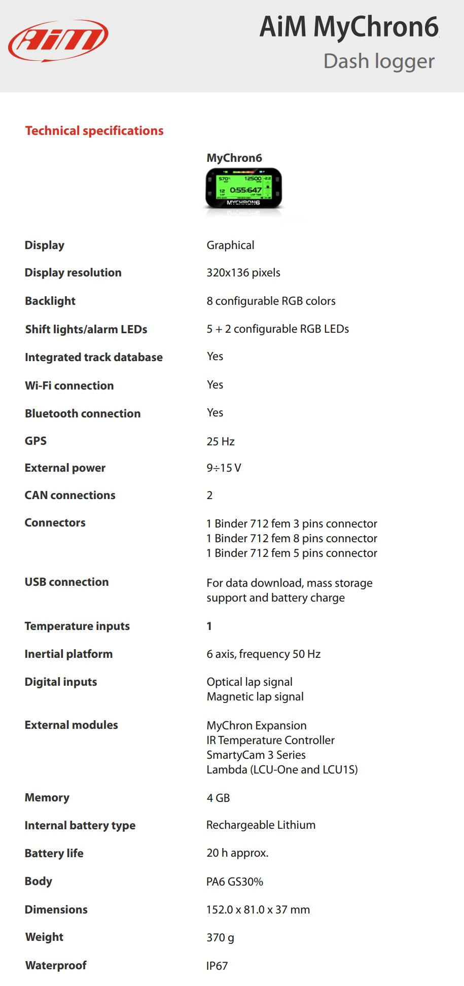 AiM-Mychron-6-Data-Logger-Kart-Racing-Dash-Technical-Specifications-Image