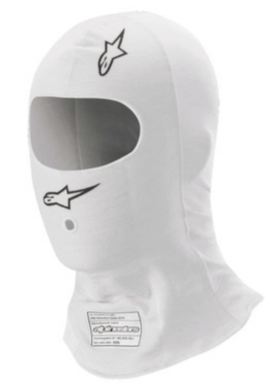 White Alpinestars Race v3 Nomex Balaclava with eye openings and a small logo on the front.