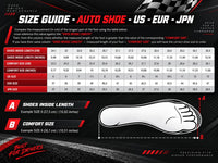 Thumbnail for A size guide infographic for an automotive shoe, showing a size conversion table from US to EUR to JPN, foot measurement diagrams labeled A and B, and a black-and-white shoe illustration on a dark racing-themed background.