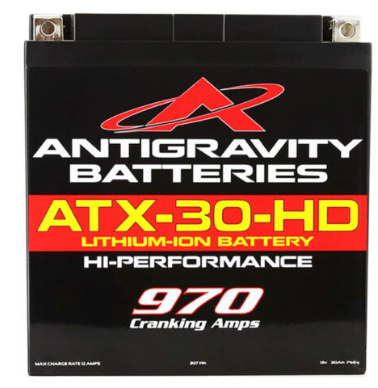 Antigravity Batteries ATX-30-HD lithium-ion battery packaging on a black background