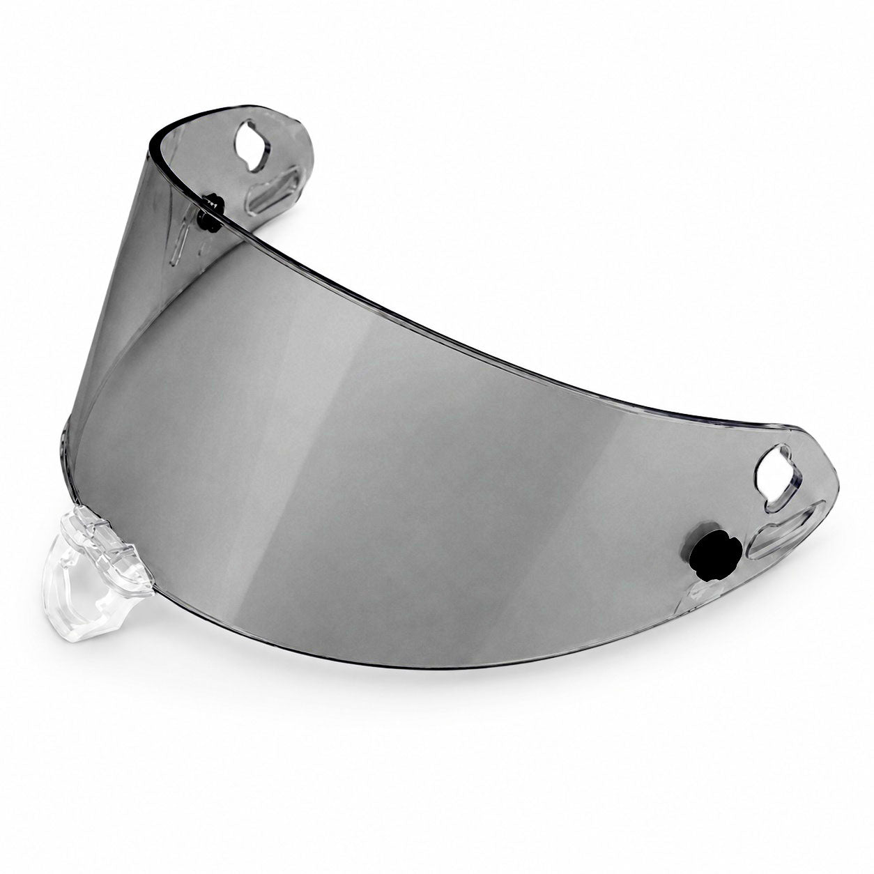 A dark gray tinted motorcycle helmet visor lens with a clear plastic nose clip, shown on a plain white background.
