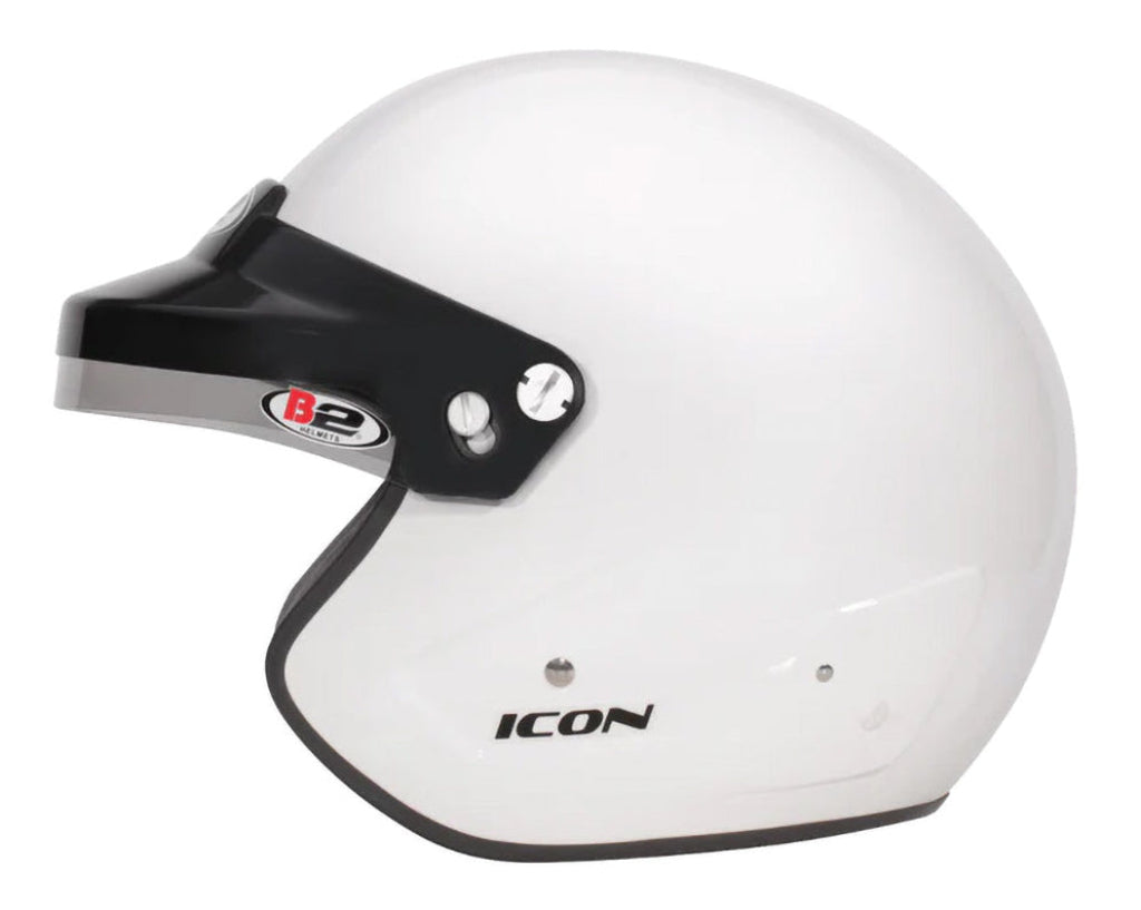 Icon B2 motorsport open-face helmet offering wide visibility and compatibility with racing intercoms