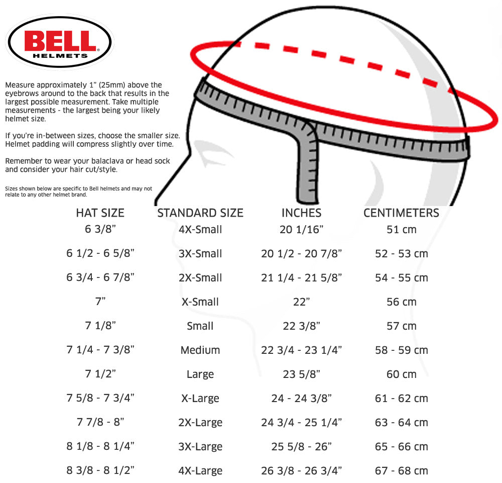 Bell sizing chart for all racing helmets