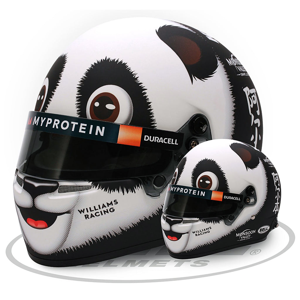 Panda-themed racing helmet with visible branding on a white background