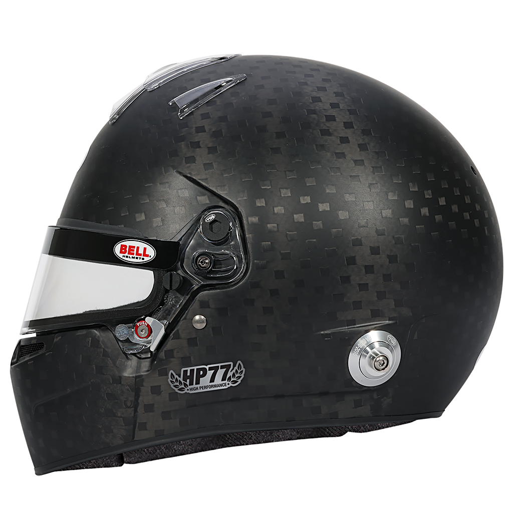 Bell HP77 EVO-IV helmet side profile showing sculpted carbon shell and visor hardware