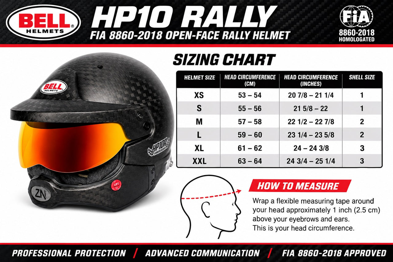 Bell HP10 Rally FIA 8860-2018 Carbon Fiber Rally Helmet sizing chart