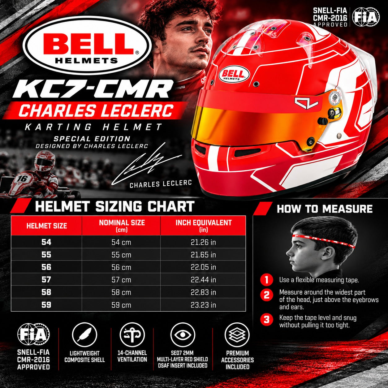 Bell Helmets KC7-CMR Charles Leclerc racing helmet sizing chart and how-to-measure guide. The graphic features a large red and yellow racing helmet, a portrait of Charles Leclerc, a small helmet measurement table with sizes 54-59, and step-by-step measurement instructions.