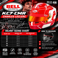 Thumbnail for Bell Helmets KC7-CMR Charles Leclerc racing helmet sizing chart and how-to-measure guide. The graphic features a large red and yellow racing helmet, a portrait of Charles Leclerc, a small helmet measurement table with sizes 54-59, and step-by-step measurement instructions.