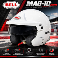 Thumbnail for White Bell Mag-10 Pro racing helmet with a clear visor, black ear cushions, and red adjustment strap, shown on a racetrack background with Bell and Mag-10 Pro branding and feature icons.