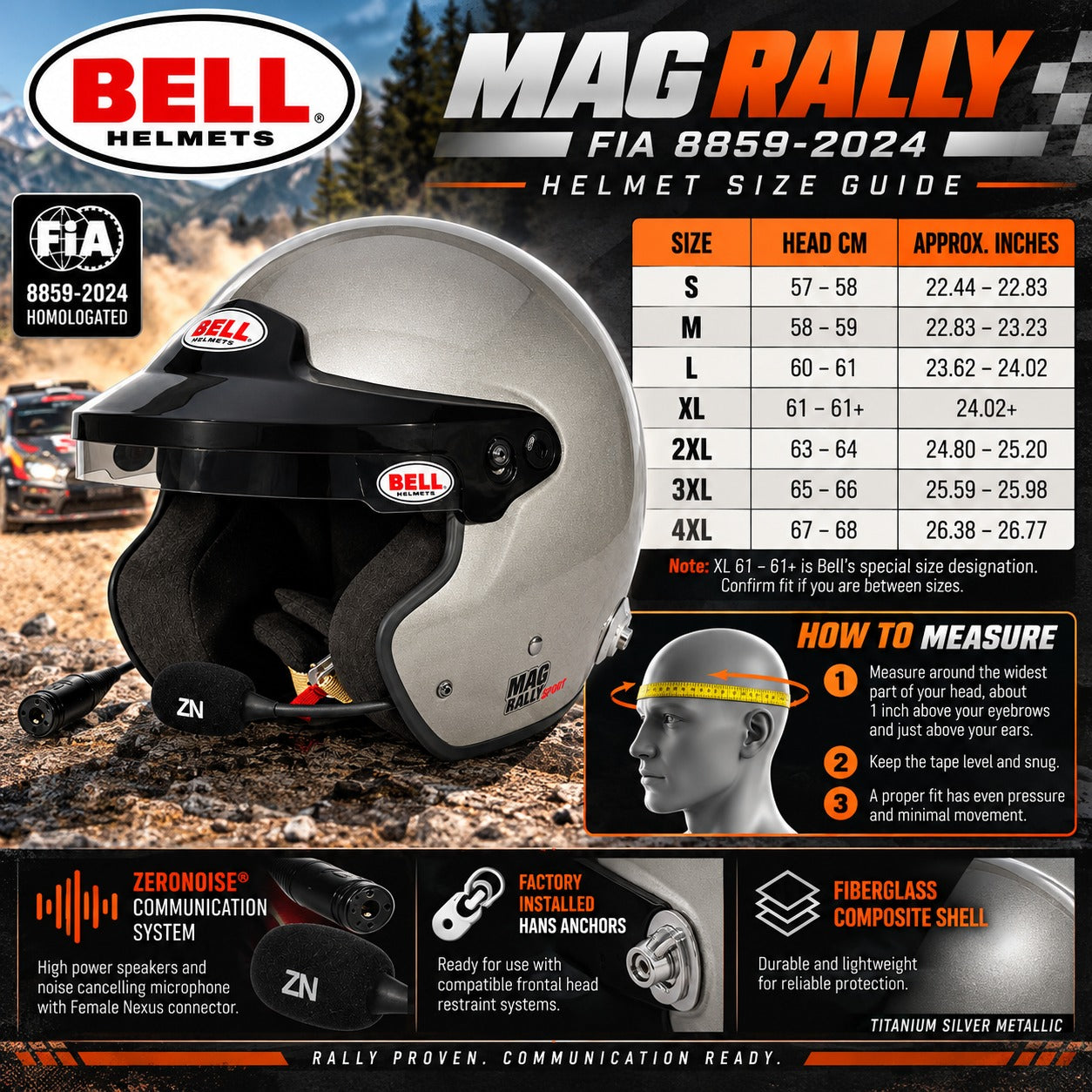 Bell Helmets Mag Rally FIA 8859-2024 helmet size guide infographic showing a size table from S to 4XL with head centimeter and approximate inch measurements, plus a how-to-measure diagram and feature callouts on a dark background.