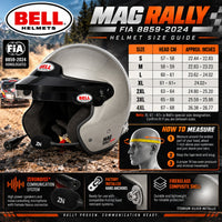 Thumbnail for Bell Helmets Mag Rally FIA 8859-2024 helmet size guide infographic showing a size table from S to 4XL with head centimeter and approximate inch measurements, plus a how-to-measure diagram and feature callouts on a dark background.