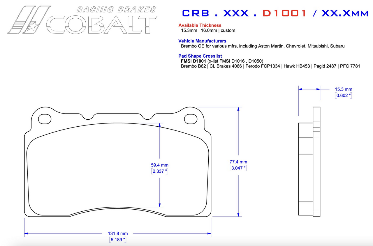 Cobalt brake pad for C7 Corvette Z07 with Girodisc rotor conversion CRB.XR1.D1001 Image