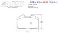 Thumbnail for A technical dimension diagram of a CARBOTECH D608 brake pad, showing measurements in millimeters and inches with blue arrows and labels on a white background. The top of the image includes branding for Racing Brakes and Cobalt, along with part number text: CRB .