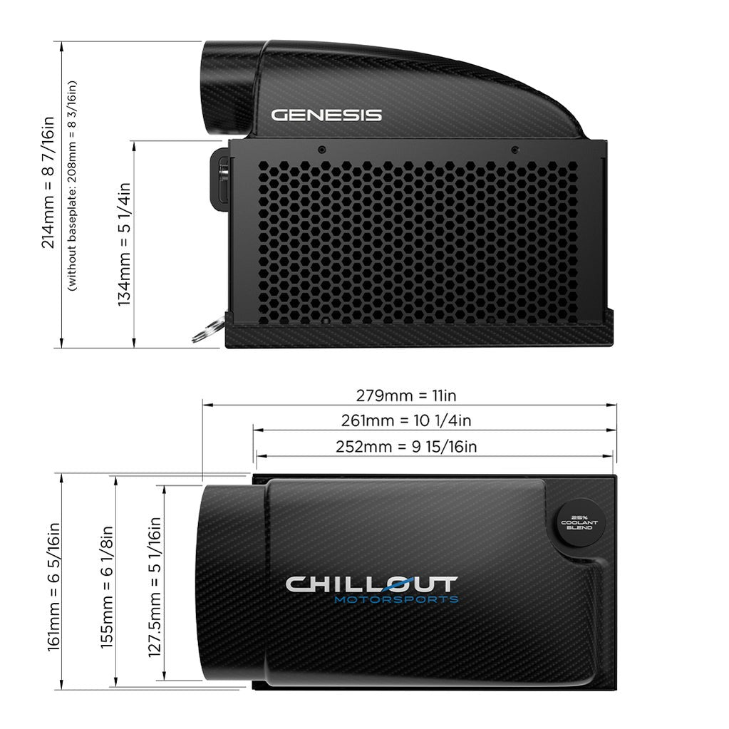 Dimensioned diagram of Chillout Genesis cooling system showing length, width, and height measurements in mm and inches-Image