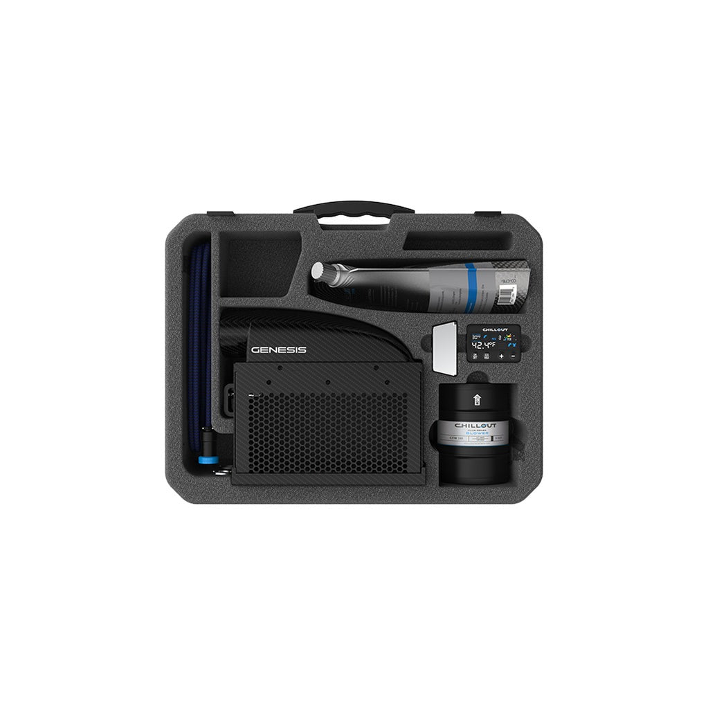 Top-down view of Chillout Genesis cooling system complete kit including hoses, cooler, controller, and pump organized in foam case-Image
