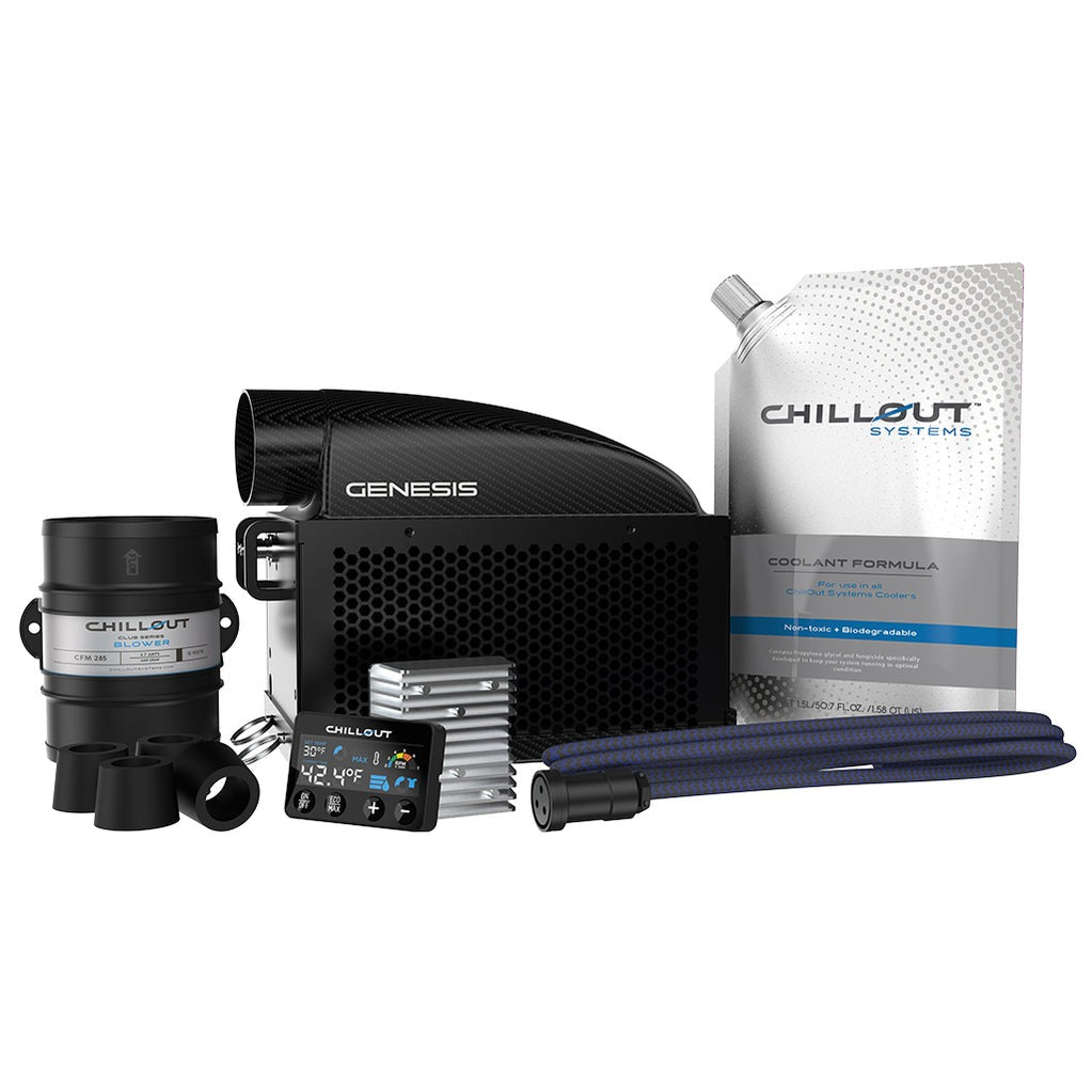 Complete Chillout Genesis system kit with cooler, controller, coolant, blower, hoses, fittings, and mounting accessories-image 