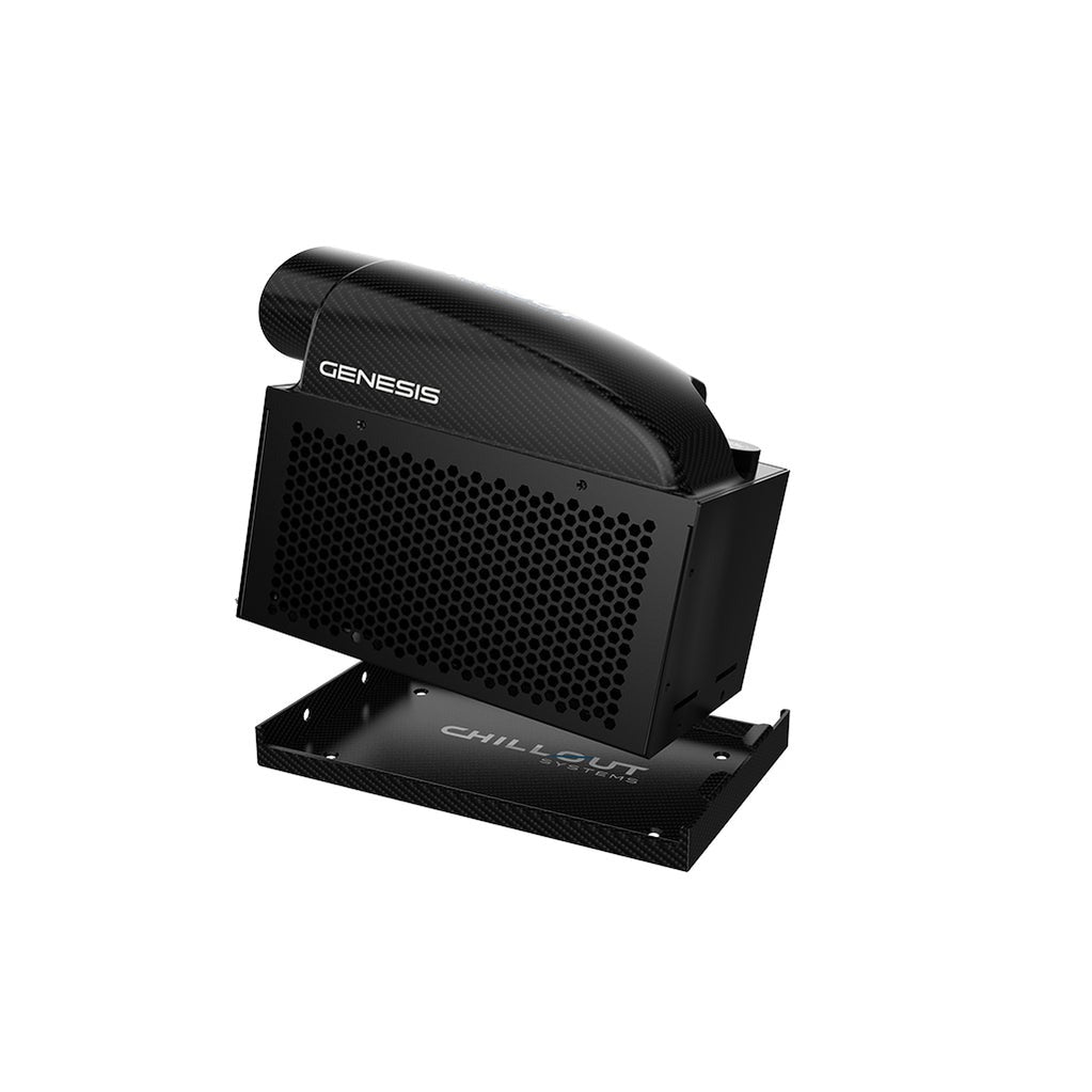 Rear angle of Chillout Genesis cooling system shown mounted on carbon base plate-Image

