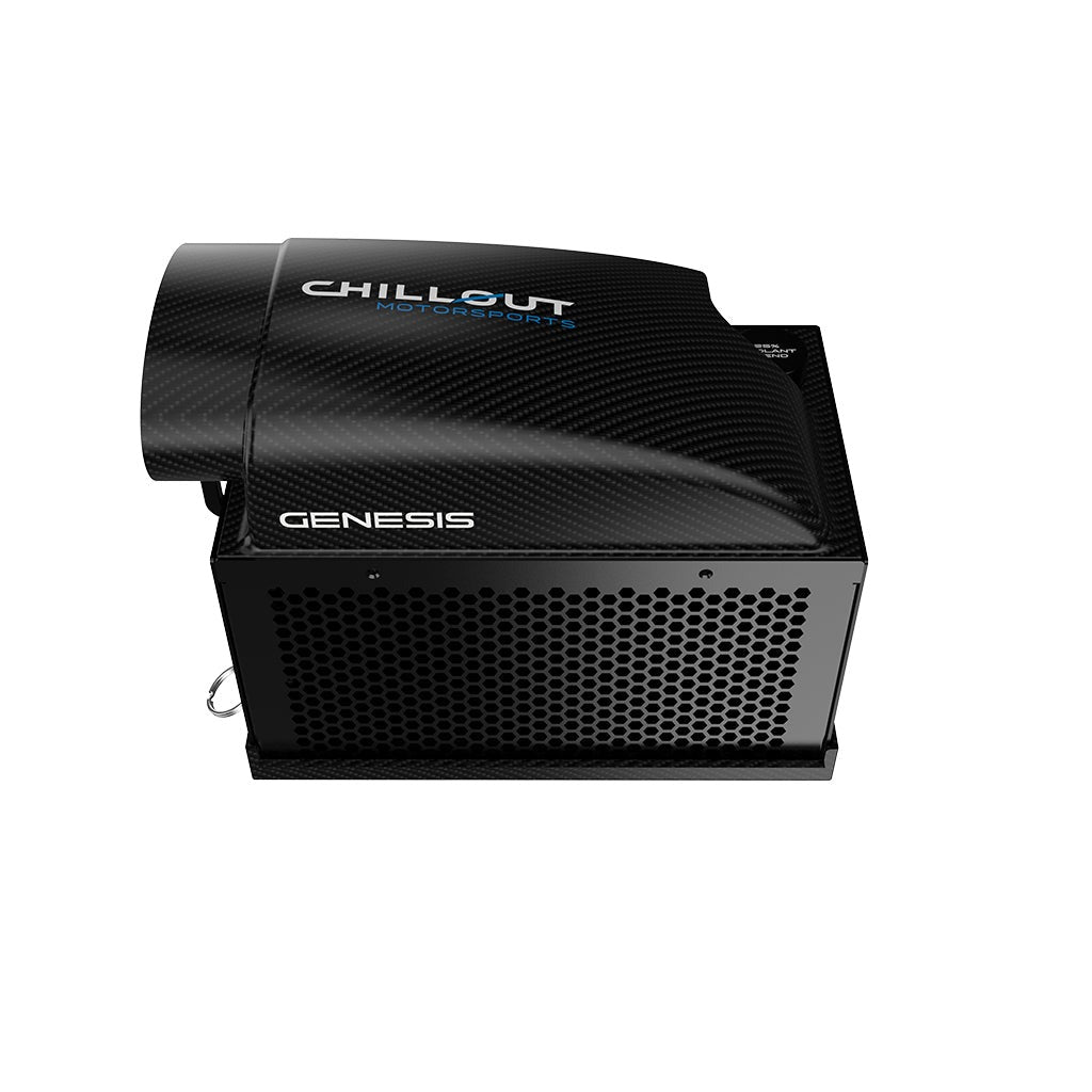 Top-down angle of Chillout Genesis cooling unit with visible coolant cap and carbon fiber finish-Image

