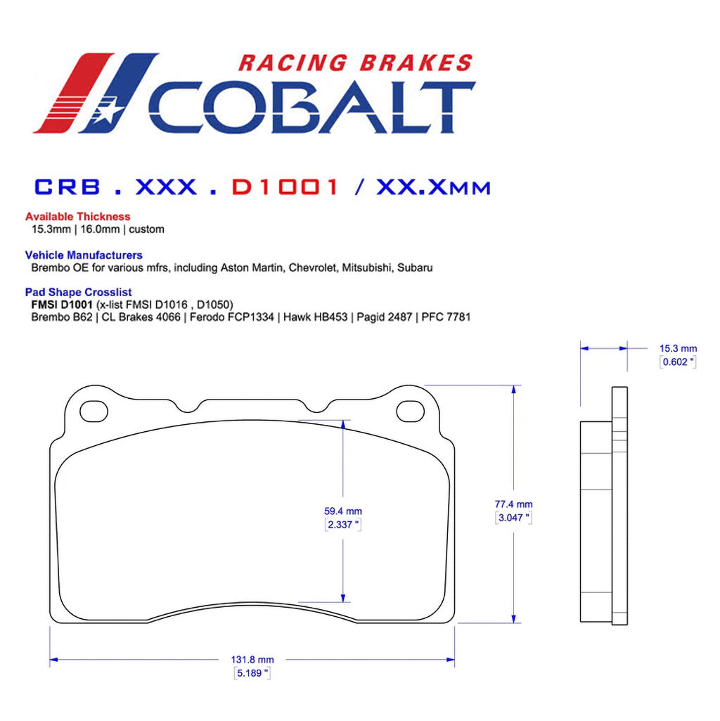 D1001 Cobalt Brake pad with Cobalt Racing Brakes branding and technical specifications on a white background