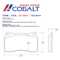 Thumbnail for D1001 Cobalt Brake pad with Cobalt Racing Brakes branding and technical specifications on a white background