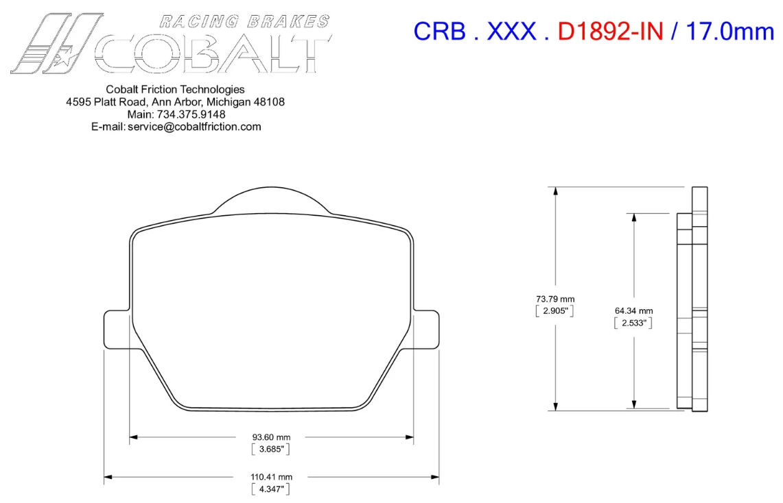 Technical dimension drawing of aCobalt D1892  brake pad with measurements and branding for Cobalt Friction Technologies, including the text 'CRB . XXX .