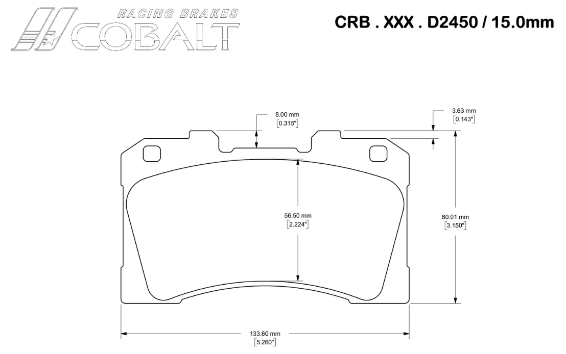 Technical dimension diagram of a Cobalt D2450 Brake pad, showing measurements in millimeters and inches for a CRB. XXX .